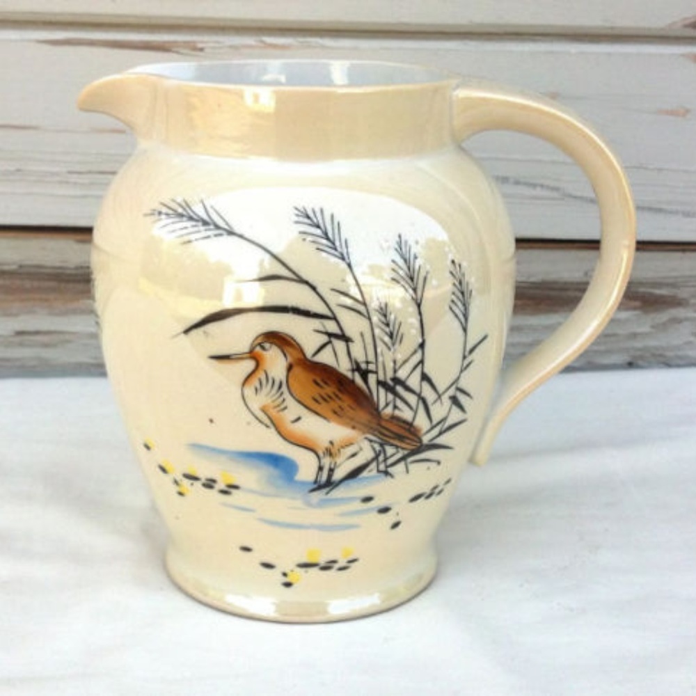 Vintage Lusterware Pitcher Glazed Bird Porcelain